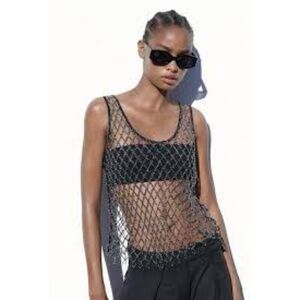 Zara rhinestone jeweled mesh tank top fishnet size S Black